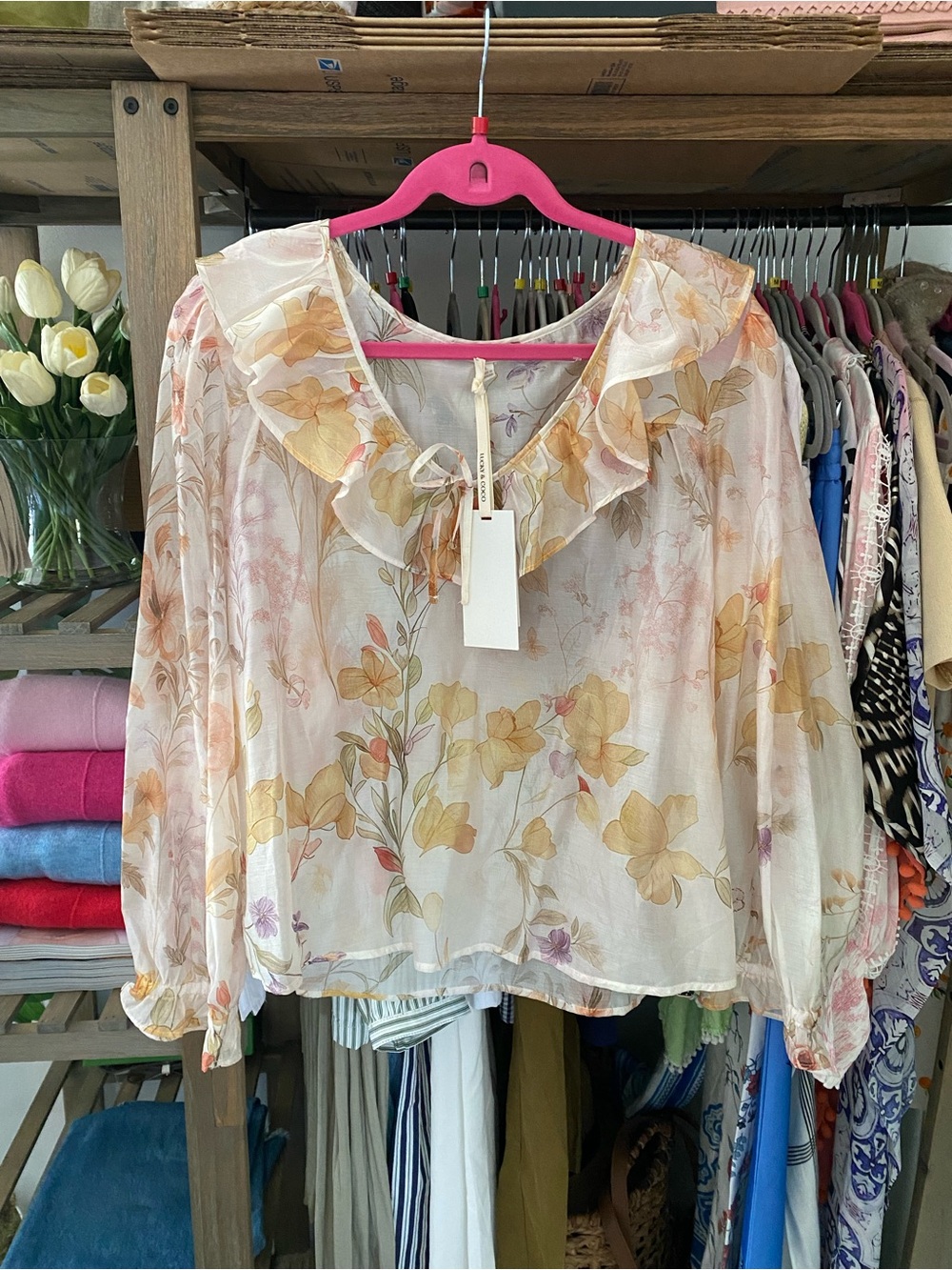 LUCKY & COCO Sheer Floral Ruffle Collar Blouse - Pale Pink/Peach! 🌸